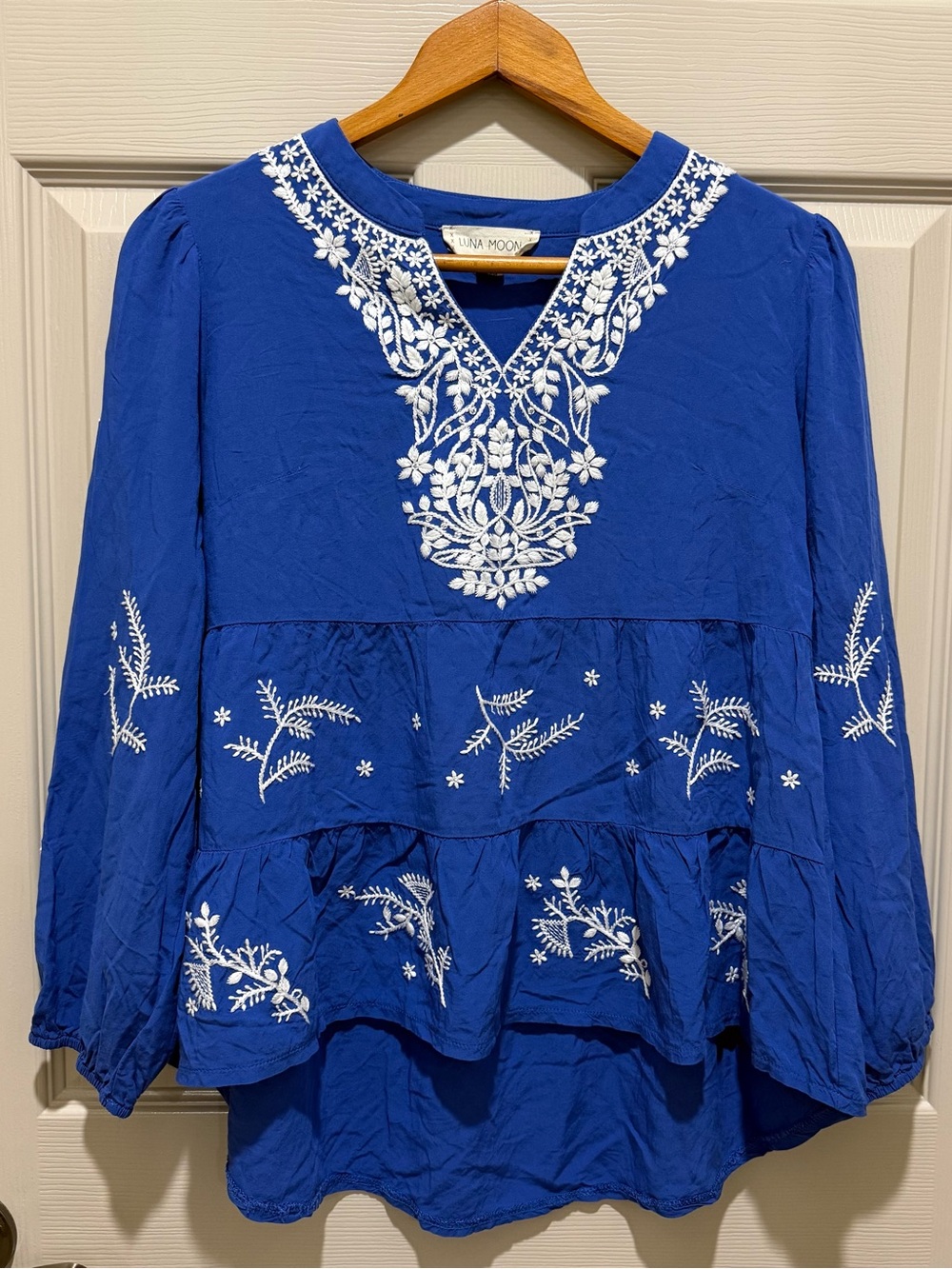 Anthropologie Luna Moon Top Womens S Blue Embroidered Boho Tiered Peasant Blouse
